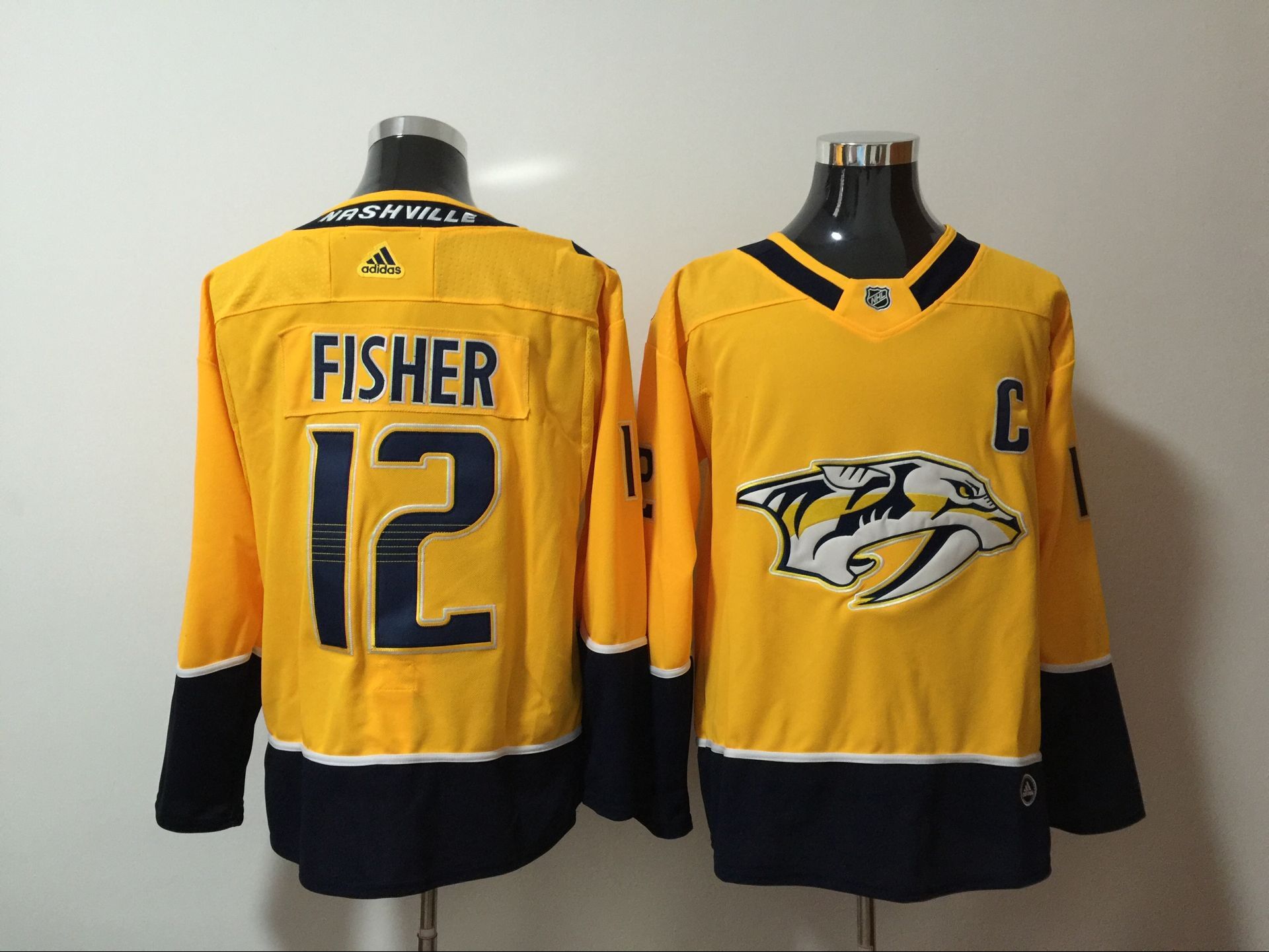 Men Nashville Predators 12 Fisher Yellow Hockey Stitched Adidas NHL Jerseys